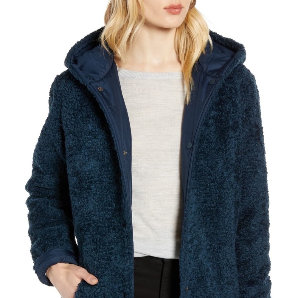 NWT HALOGEN Blue Hooded Sherpa Style Reversible Coat, S - Picture 2 of 16